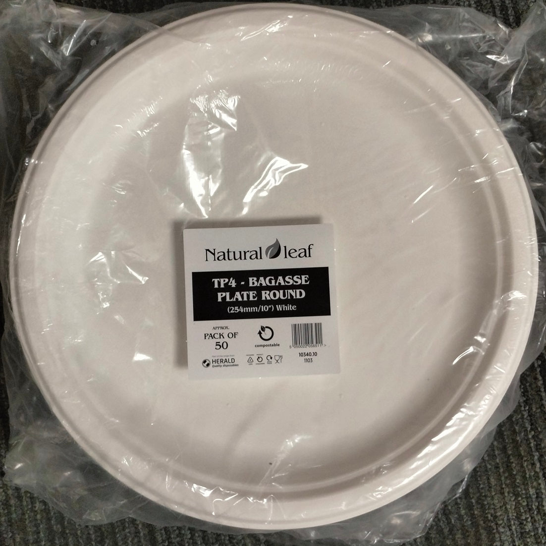 NATURAL LEAF BAGASSE BIODEGRADABLE PLATE 10" / 25CM 50/PK. 10340.10 \\\KD30859