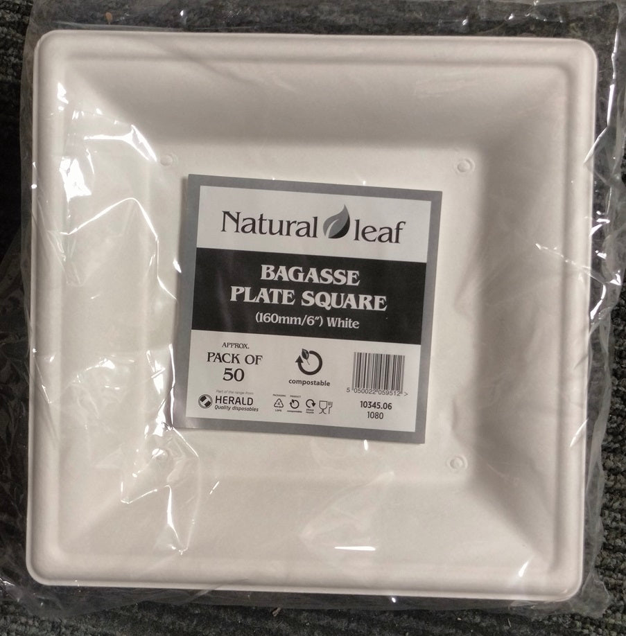 NATURAL LEAF BAGASSE BIODEGRADABLE SQUARE PLATE 6" / 15CM 50/PK. 10345.06 \\\KD30860