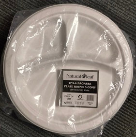 NATURAL LEAF 3 COMPARTMENT BAGASSE BIODEGRADABLE PLATE 10" / 25CM 50/PK. 10340.103 \\\KD30862
