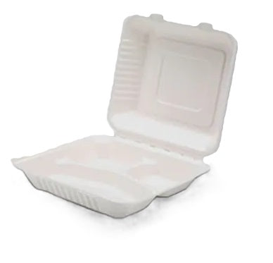 BAGASSE BIODEGRADABLE 3 COMAPRTMENT CLAMSHELL TAKEAWAY BOX 8" 100/PK (20.5 X 7CM). 10376.083 \\\KD30867