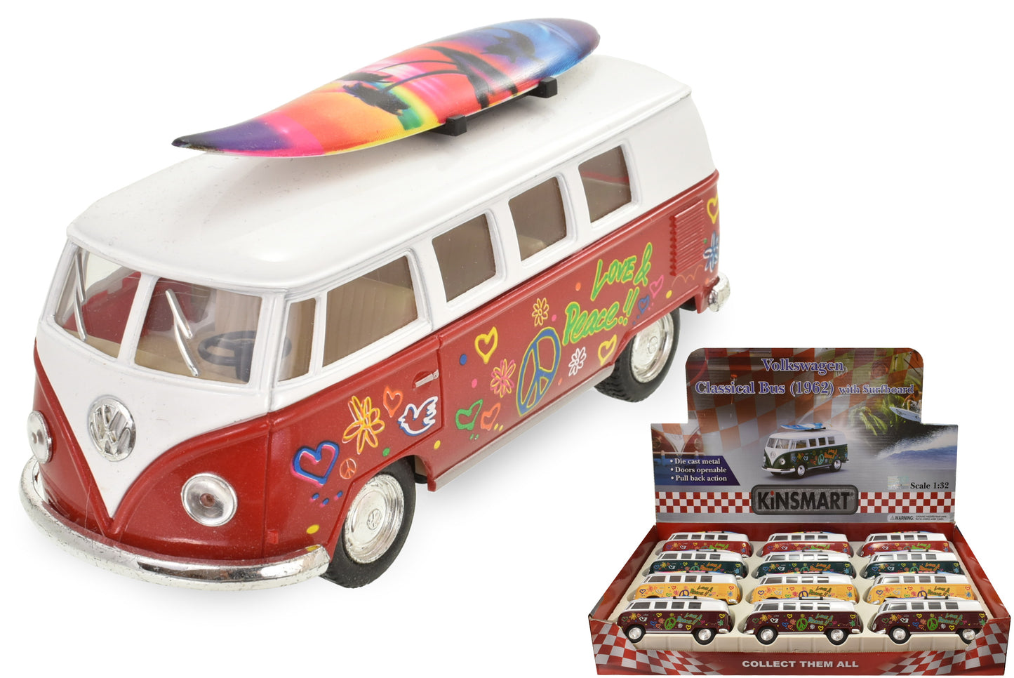 KINSMART 1962 DIE CAST 1:32 SC VW CLASSIC BUS WITH SURF BOARD. TY2498 \\\KD30944