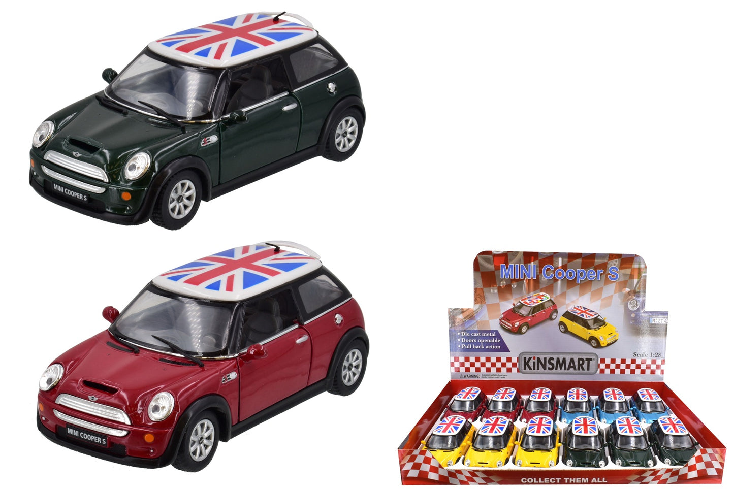 KINSMART DIE CAST MINI COOPER S WITH UNION JACK ROOF CAR TOY 13CM. TY1245 \\\KD30954