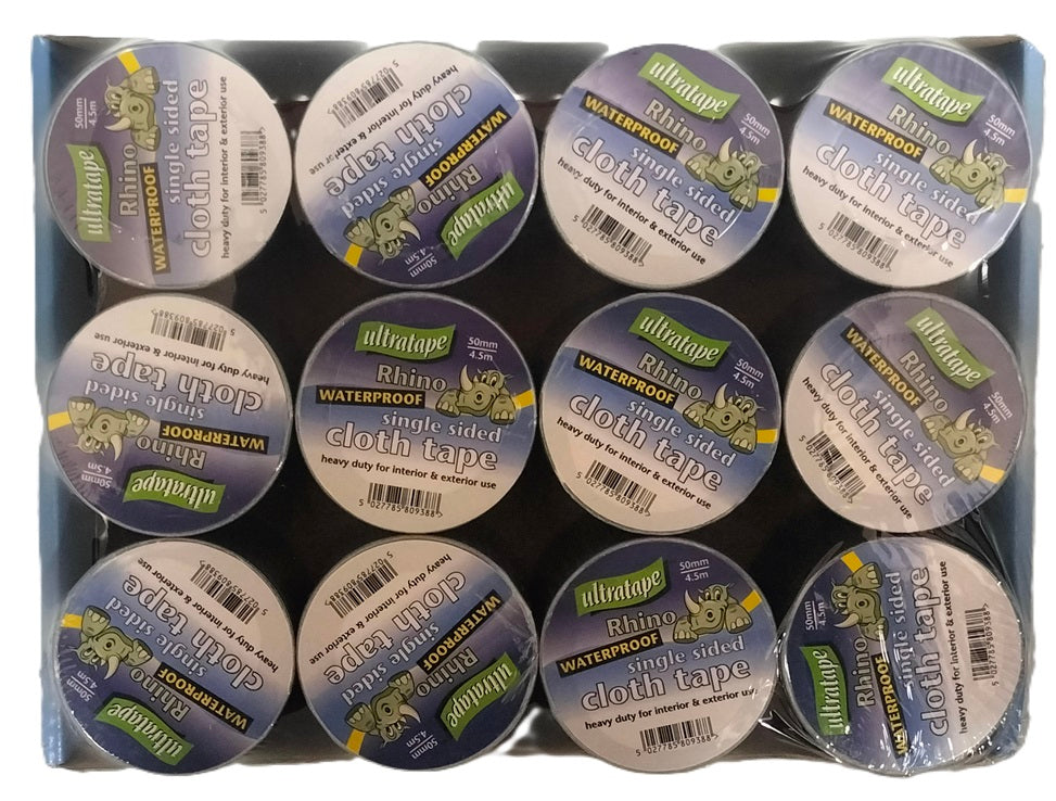 RHINO SINGLE SIDED CLOTH TAPE SILVER 50MM X 4.5M 12/PK. CL504.5SITR12 \\\KD30999