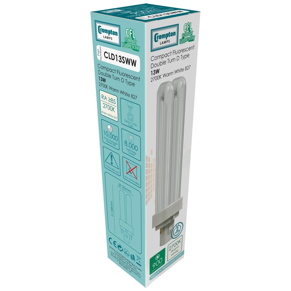 CROMPTON CFL PLC 13W 1210LM 4000K 2 PIN DOUBLE TURN D TYPE COOL WHITE BULB. 23302 \\\KD31338