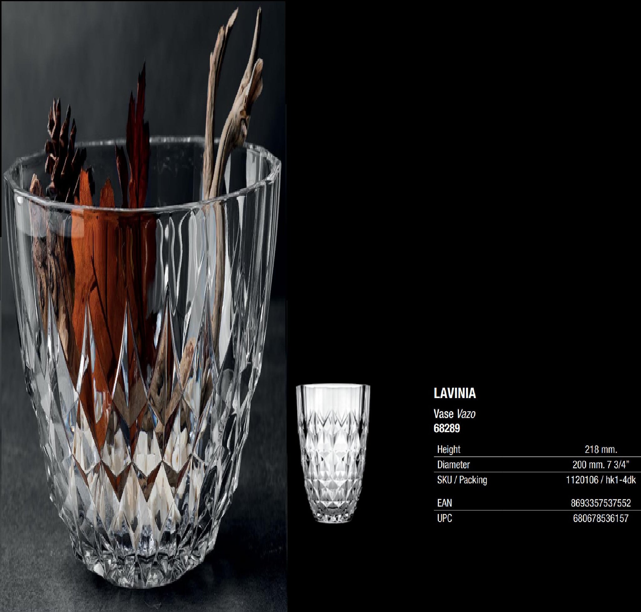 PASABAHCE CRYSTALLIN LAVINA VASE 22CM. 68289 \\\KD31550
