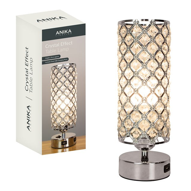 ANIKA CRYSTAL EFFECT DUEL USB CHARGING TABLE LAMP 29CM. BML62309 \\\KD31623