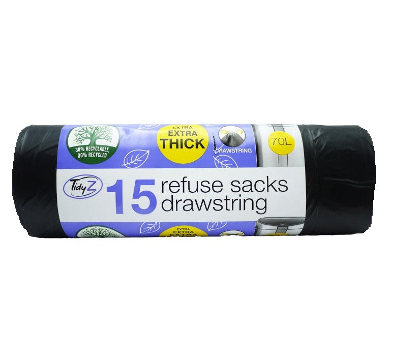 TIDYZ EXTRA THICK BLACK REFUSE SACKS DRAWSTRING BAG 70LT 15/PK. B0587A \\\KD31870