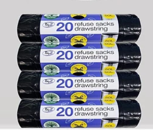 TIDYZ EXTRA THICK BLACK REFUSE SACKS DRAWSTRING BAG 50LTR 20/PK. B0746A \\\KD31871