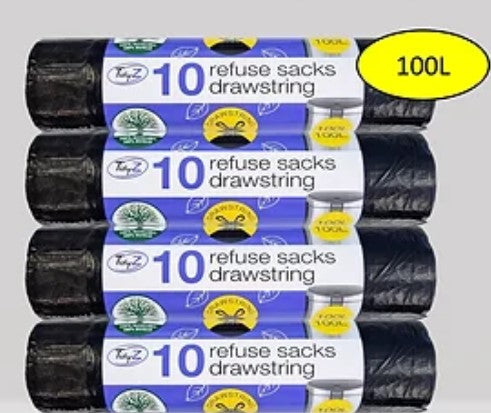 TIDYZ EXTRA THICK BLACK REFUSE SACKS DRAWSTRING BAG 100LTR 10/PK. B1528A \\\KD31872