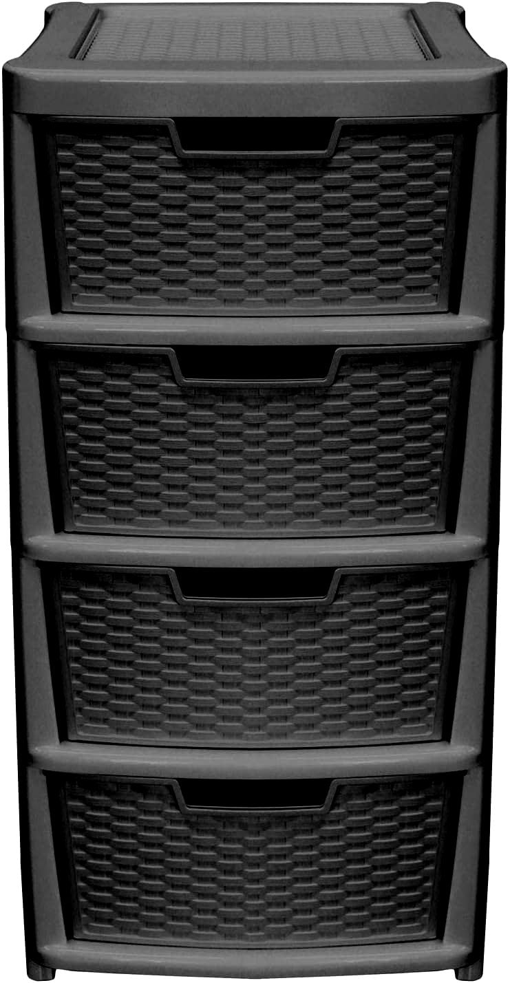 RATTAN PLASTIC LARGE 4 DRAWER MOBILE TOWER STORAGE UNIT - BLACK. 05114200102 \\\KD32277