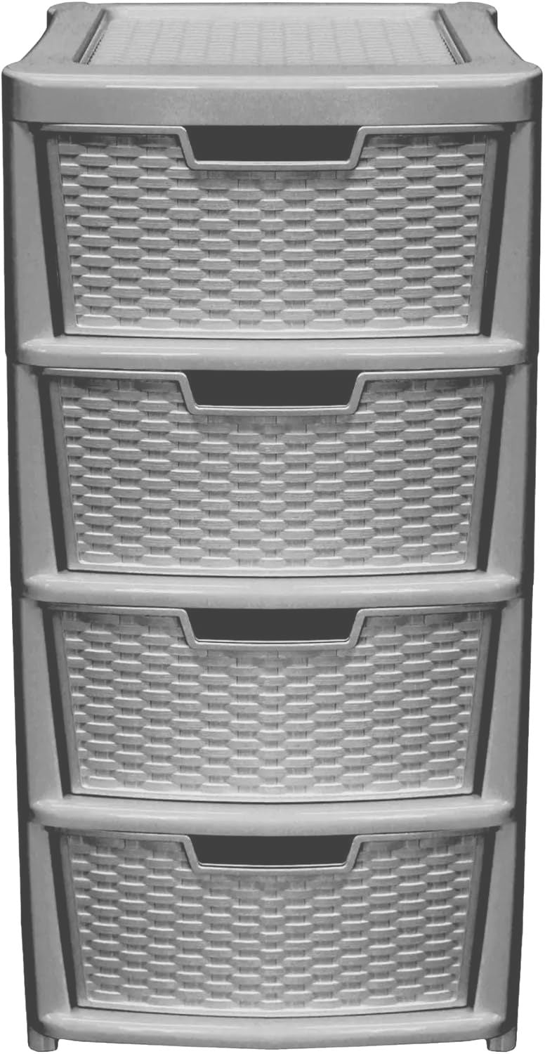 RATTAN PLASTIC LARGE 4 DRAWER MOBILE TOWER STORAGE UNIT - GREY. 05114201211 \\\KD32278