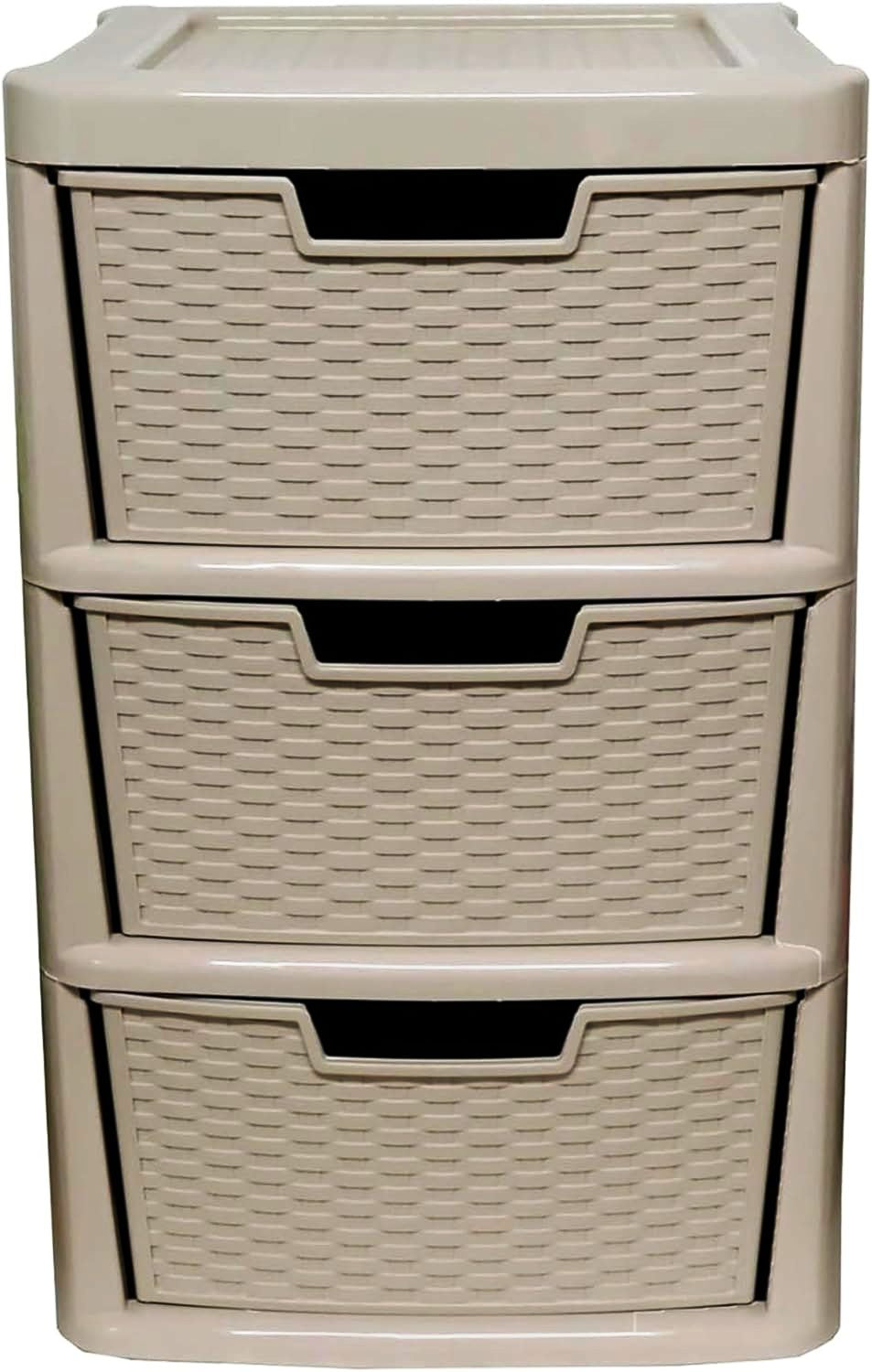 PLASTIC LARGE 3 DRAWER RATTAN TOWER STORAGE UNIT - MUSHROOM. 05114100174 \\\KD32281