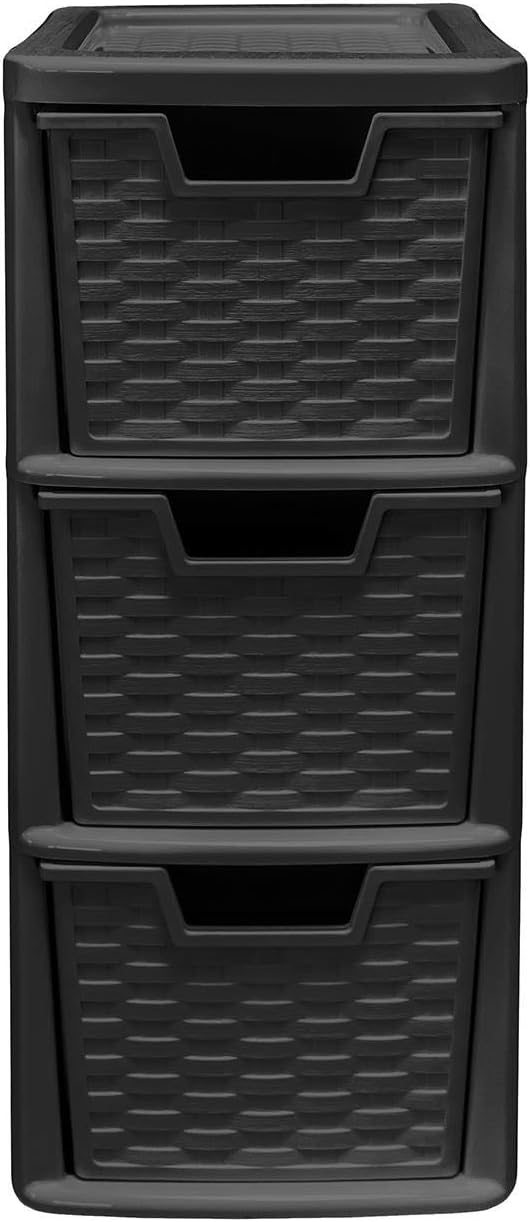 PLASTIC MEDIUM 3 DRAWER RATTAN TOWER STORAGE UNIT - BLACK. 05120300102 \\\KD32285