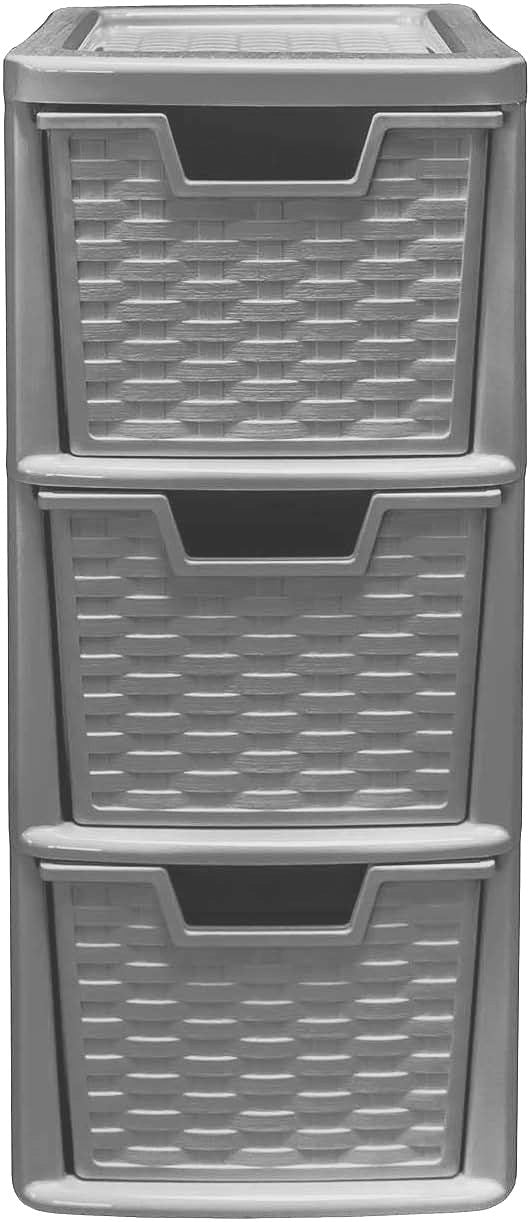 PLASTIC MEDIUM 3 DRAWER RATTAN TOWER STORAGE UNIT - GREY. 05120301211 \\\KD32286