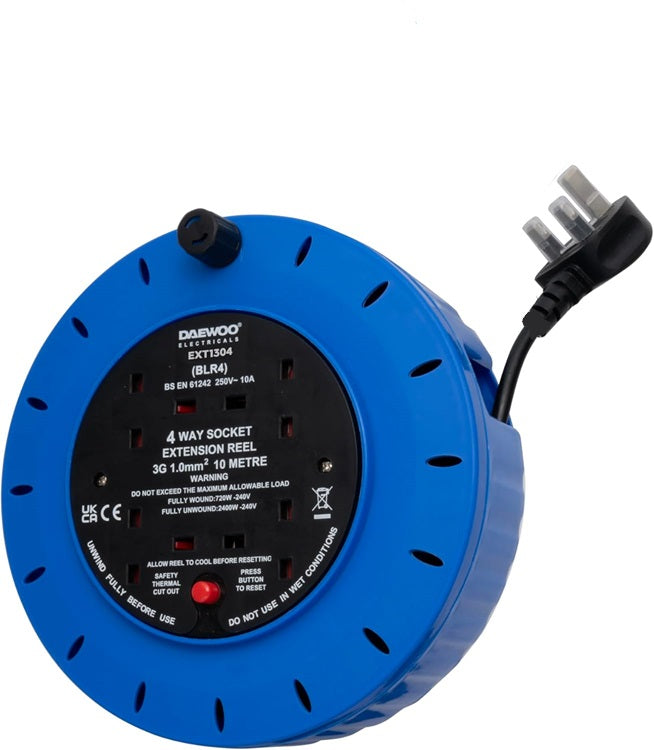 DAEWOO 4 GANG EXTENSION LEAD REEL 10M 10A 250V AC. EXT1304GE \\\KD32321
