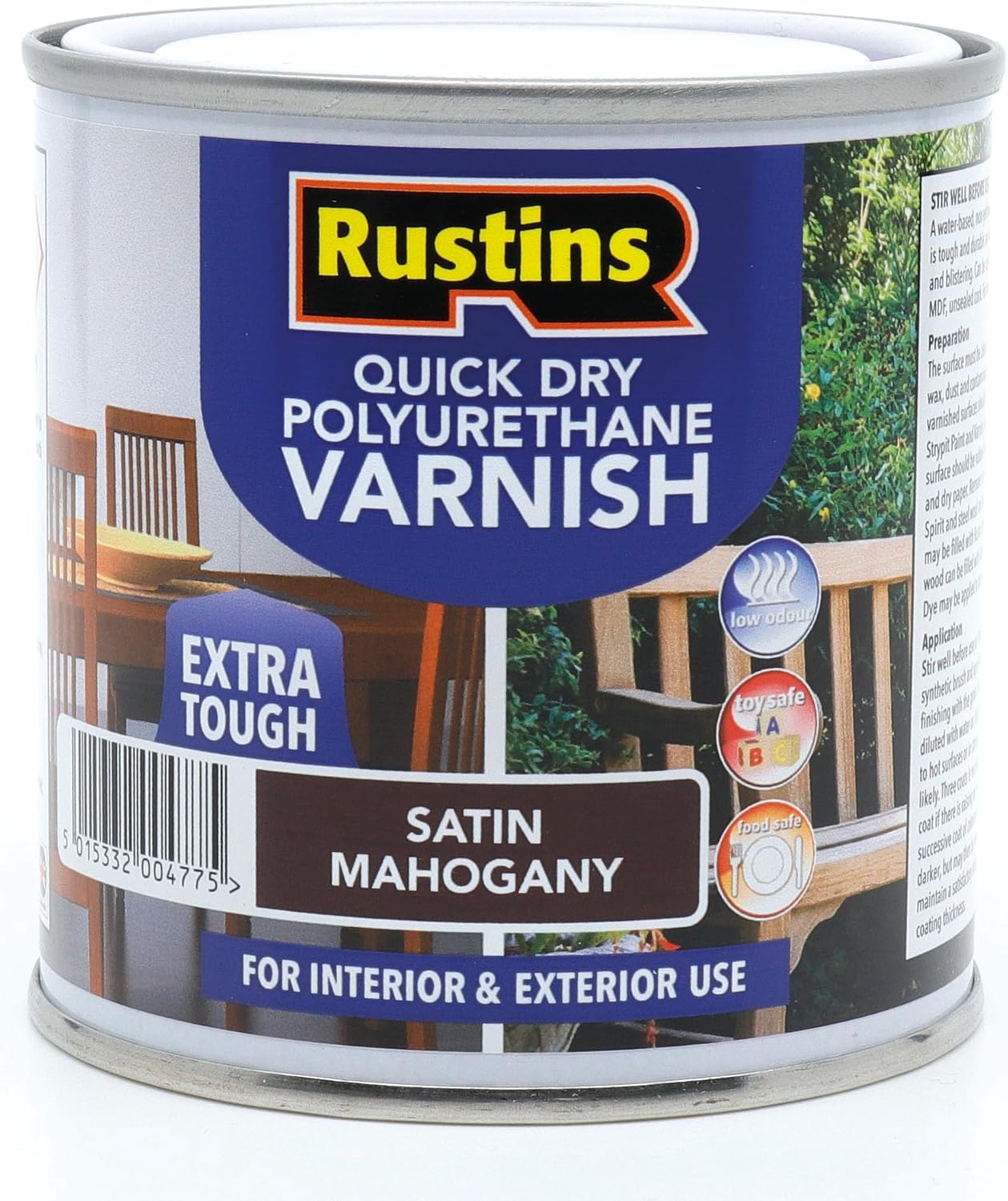 RUSTINS QUICK DRY POLYURETHANE VARNISH EXTRA TOUGH STAIN MAHOGANY 250ML. PSMAW250 \\\KD32347