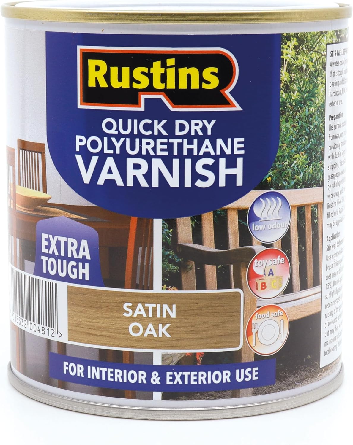 RUSTINS QUICK DRY POLYURETHANE VARNISH EXTRA TOUGH STAIN OAK 500ML. PSOAW500 \\\KD32349