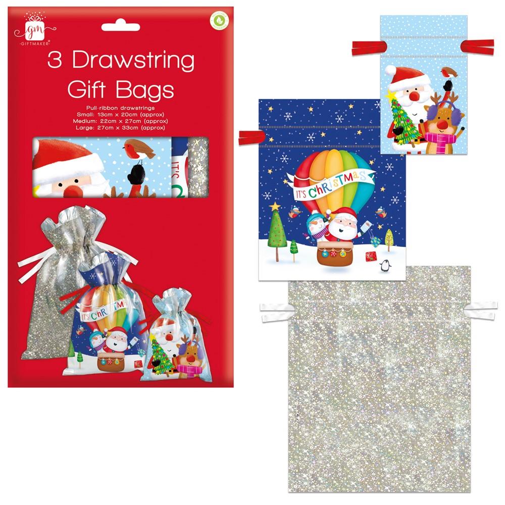 GIFTMAKER CHRISTMAS ASSORTED SIZES DRAWSTRING GIFT SACK 3/PK. XAPGZ423 \\\KD32632