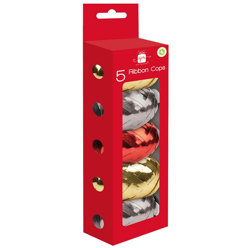 GIFTMAKER ASSORTED COLOUR METALLIC CHRISTMAS RIBBON COPS 5/PK. XAMGA323 \\\KD32638