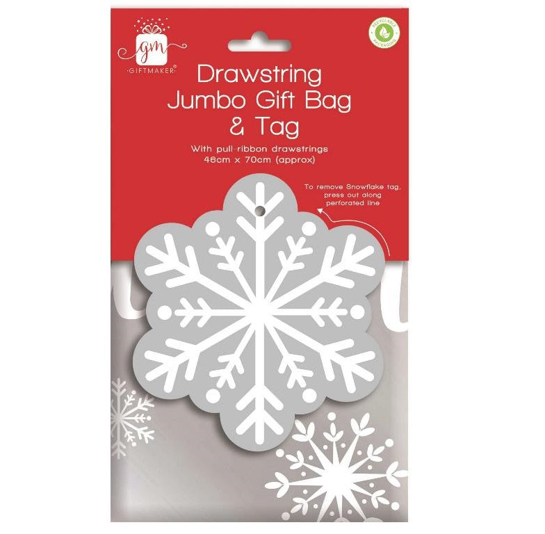 GIFTMAKER CHRISTMAS SNOWFLAKE DESIGN JUMBO DRAWSTRING GIFT SACK WITH TAG. XAPGZ425 \\\KD32640