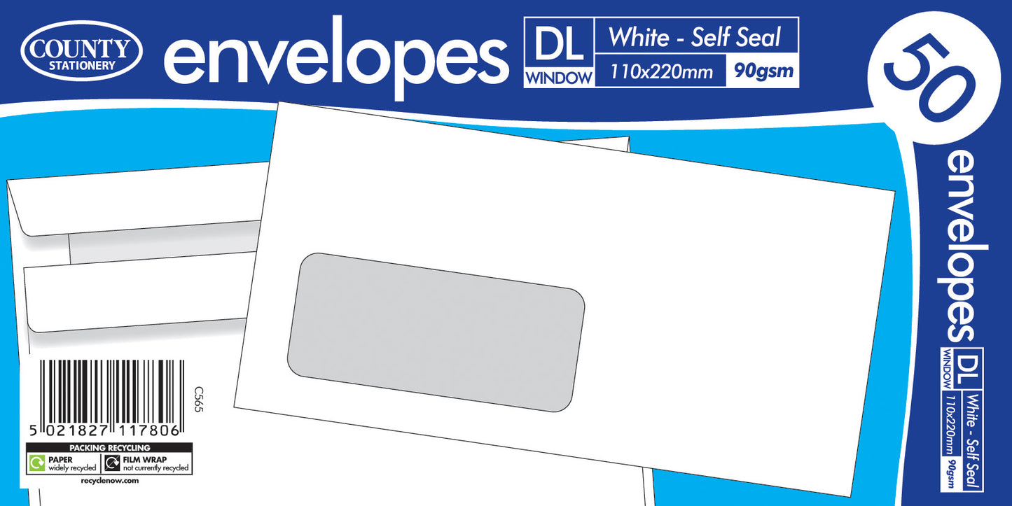 COUNTY DL WHITE WINDOW SELF SEAL ENVELOPES 50/PK. C565 \\\KD32660