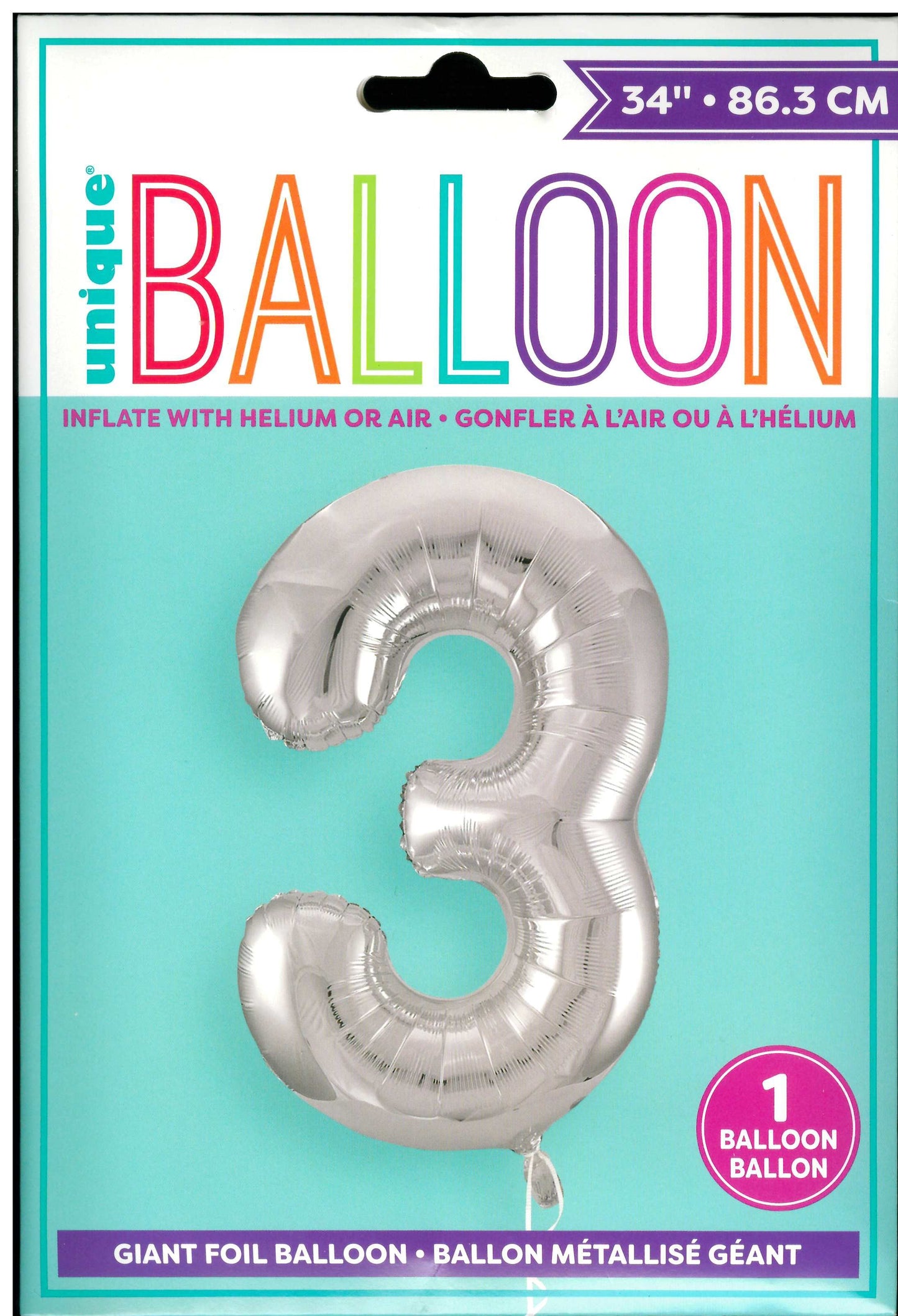 UNIQUE BIRTHDAY SILVER GLITZ NUMBER 3 ROUND FOIL BALLOON 34". UNI53823 \\\KD32714