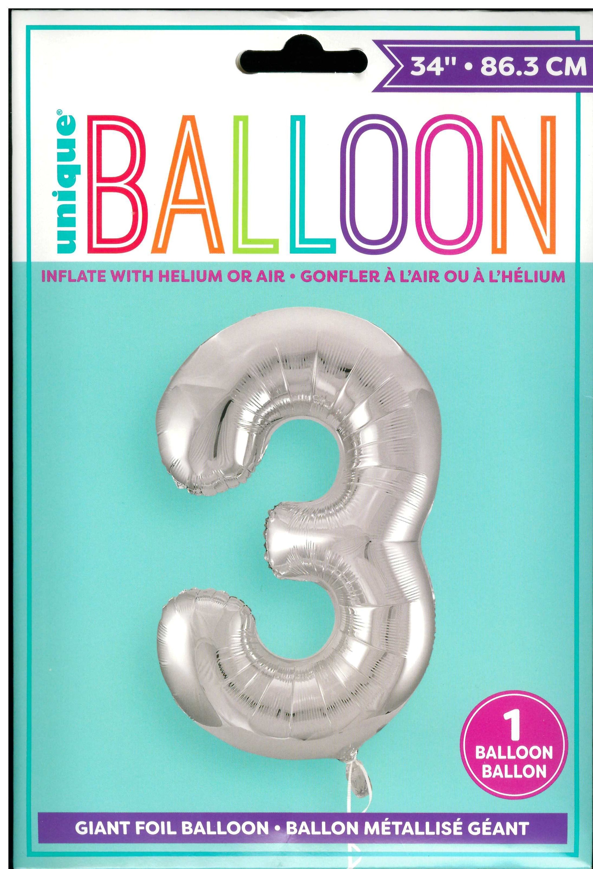 UNIQUE BIRTHDAY SILVER GLITZ NUMBER 3 ROUND FOIL BALLOON 34". UNI53823 \\\KD32714