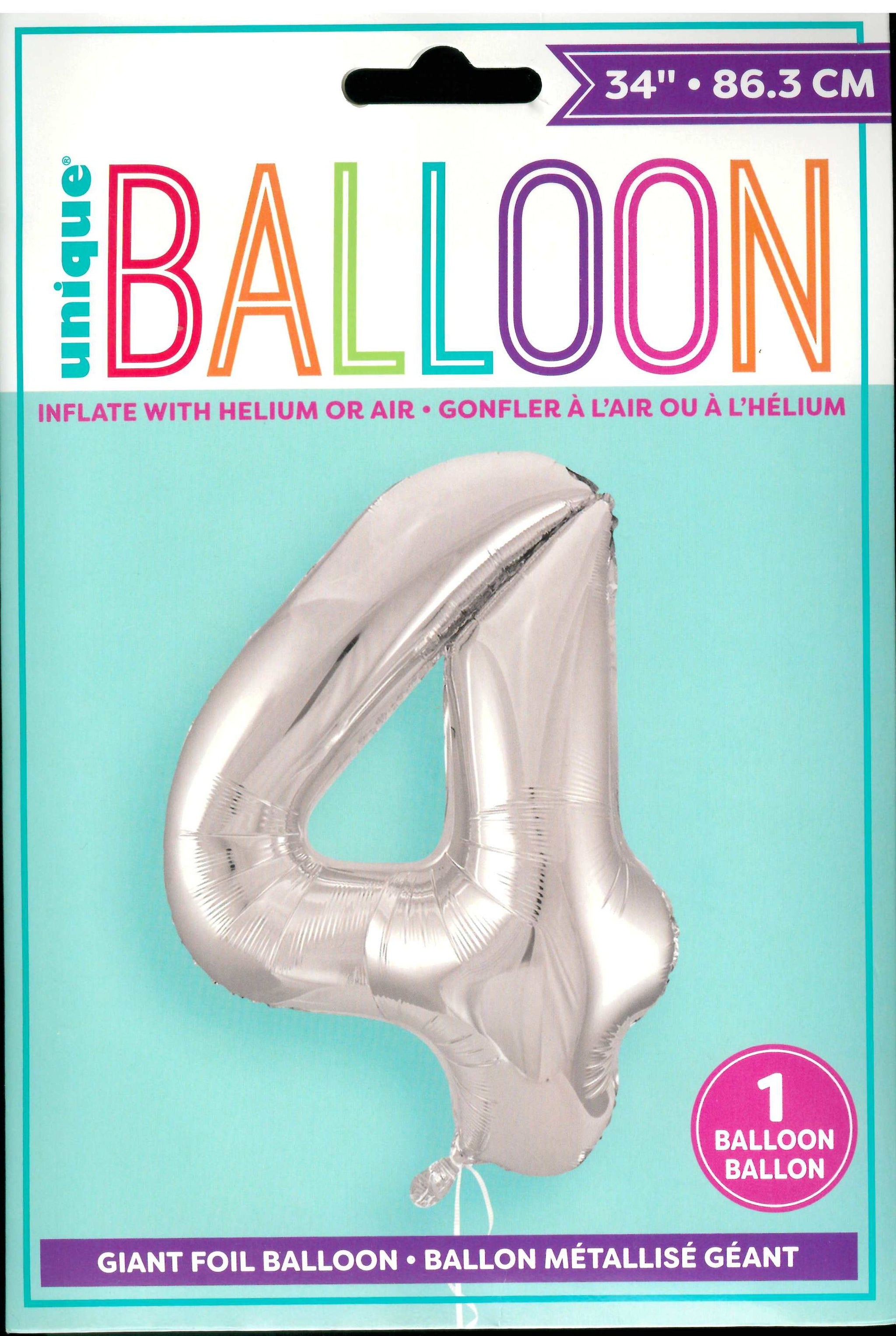UNIQUE BIRTHDAY SILVER GLITZ NUMBER 4 ROUND FOIL BALLOON 34". UNI53824 \\\KD32715