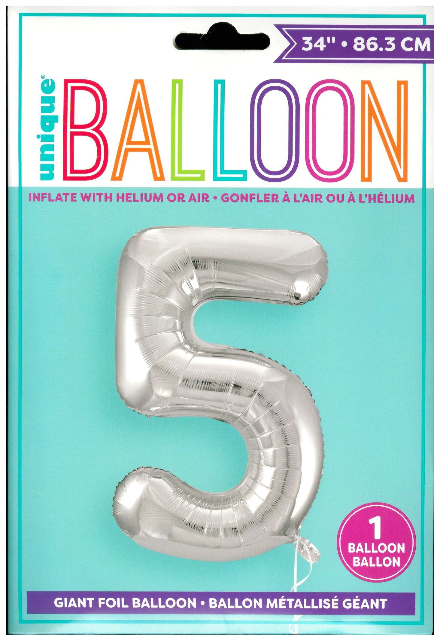 UNIQUE BIRTHDAY SILVER GLITZ NUMBER 5 ROUND FOIL BALLOON 34". UNI53825 \\\KD32716