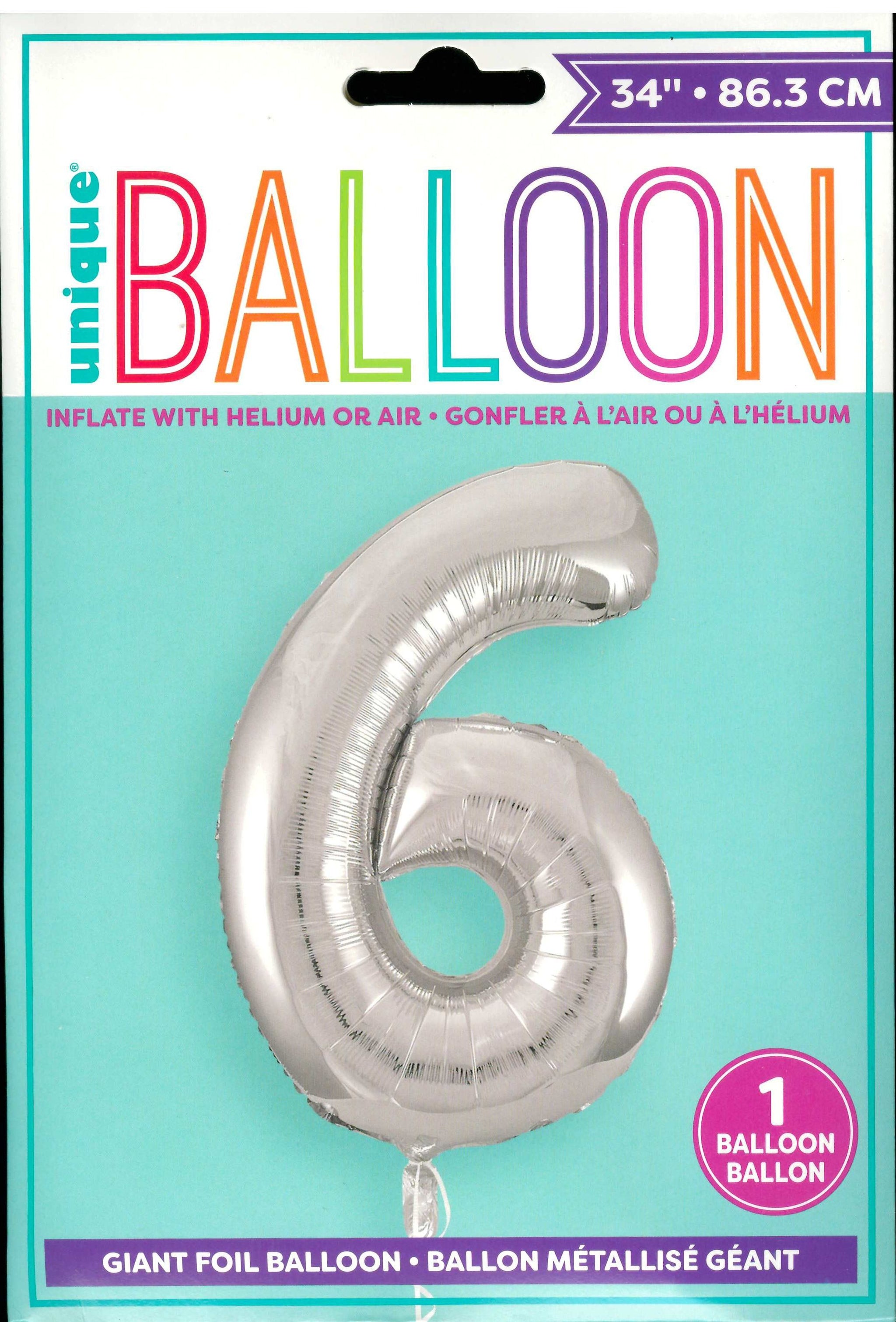 UNIQUE BIRTHDAY SILVER GLITZ NUMBER 6 ROUND FOIL BALLOON 34". UNI53826 \\\KD32717