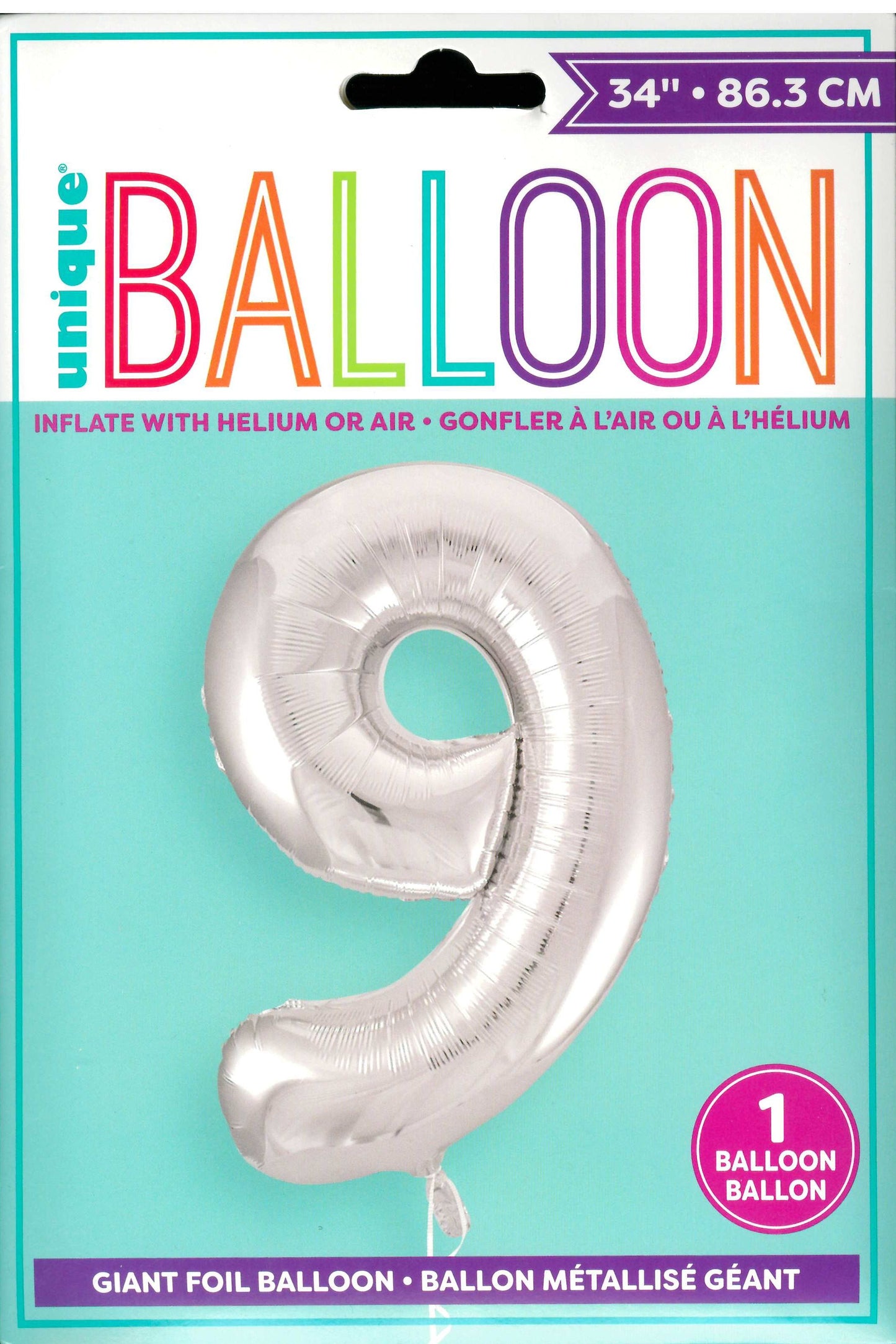 UNIQUE BIRTHDAY SILVER GLITZ NUMBER 9 ROUND FOIL BALLOON 34". UNI53829 \\\KD32720