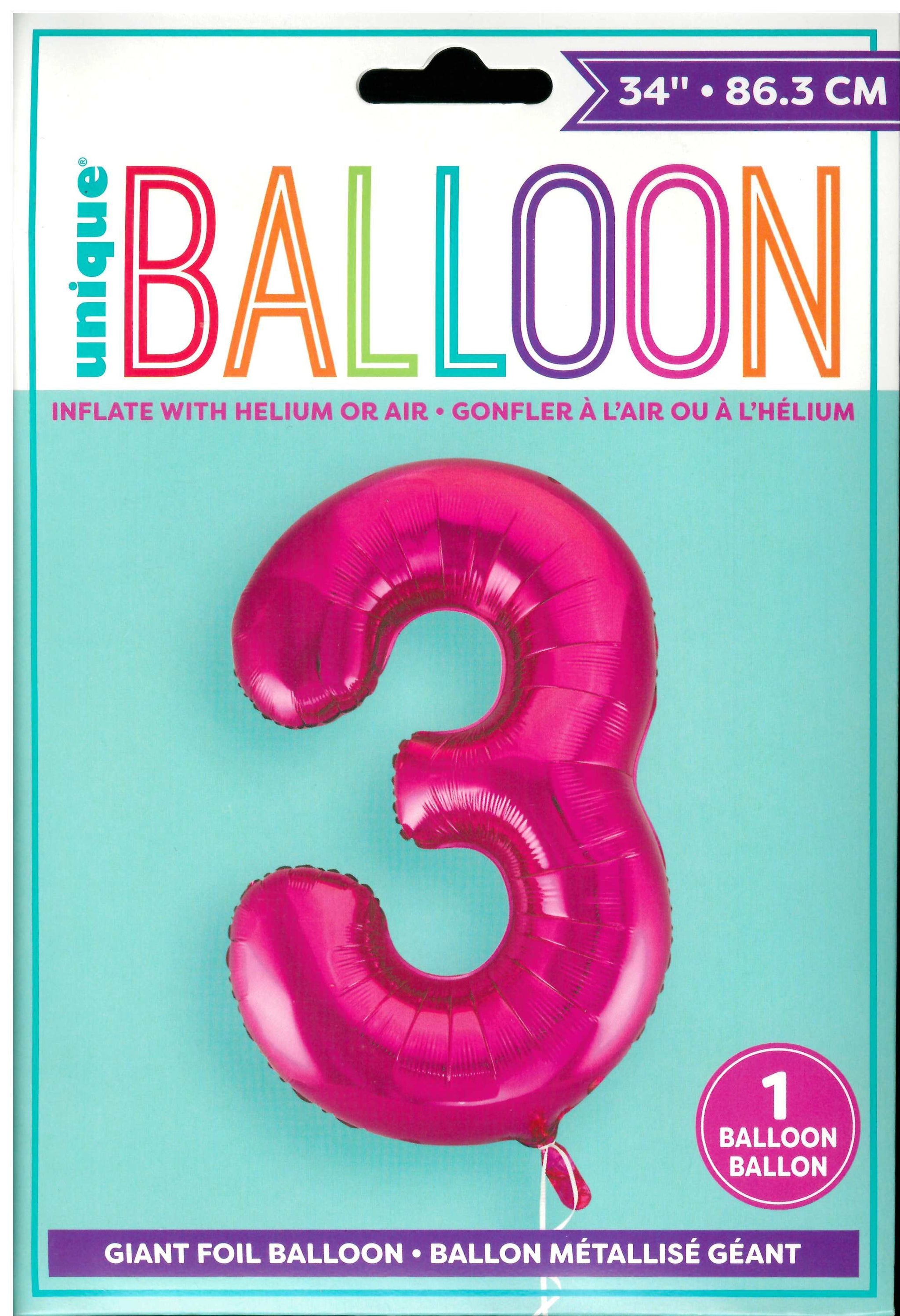 UNIQUE BIRTHDAY PINK GLITZ NUMBER 3 FOIL BALLOON 34". UNI55733 \\\KD32725