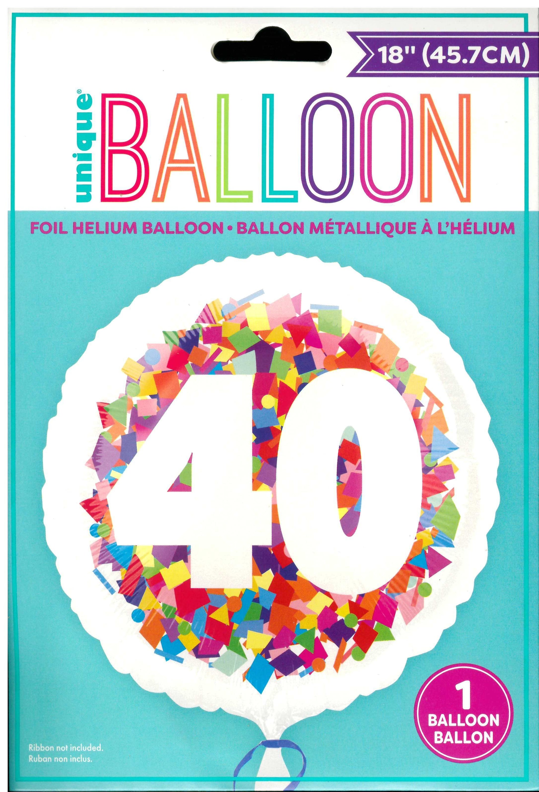 UNIQUE BRIGHT CONFETTI NUMBER 40 ROUND FOIL BALLOON 18". UNI85863 \\\KD32750