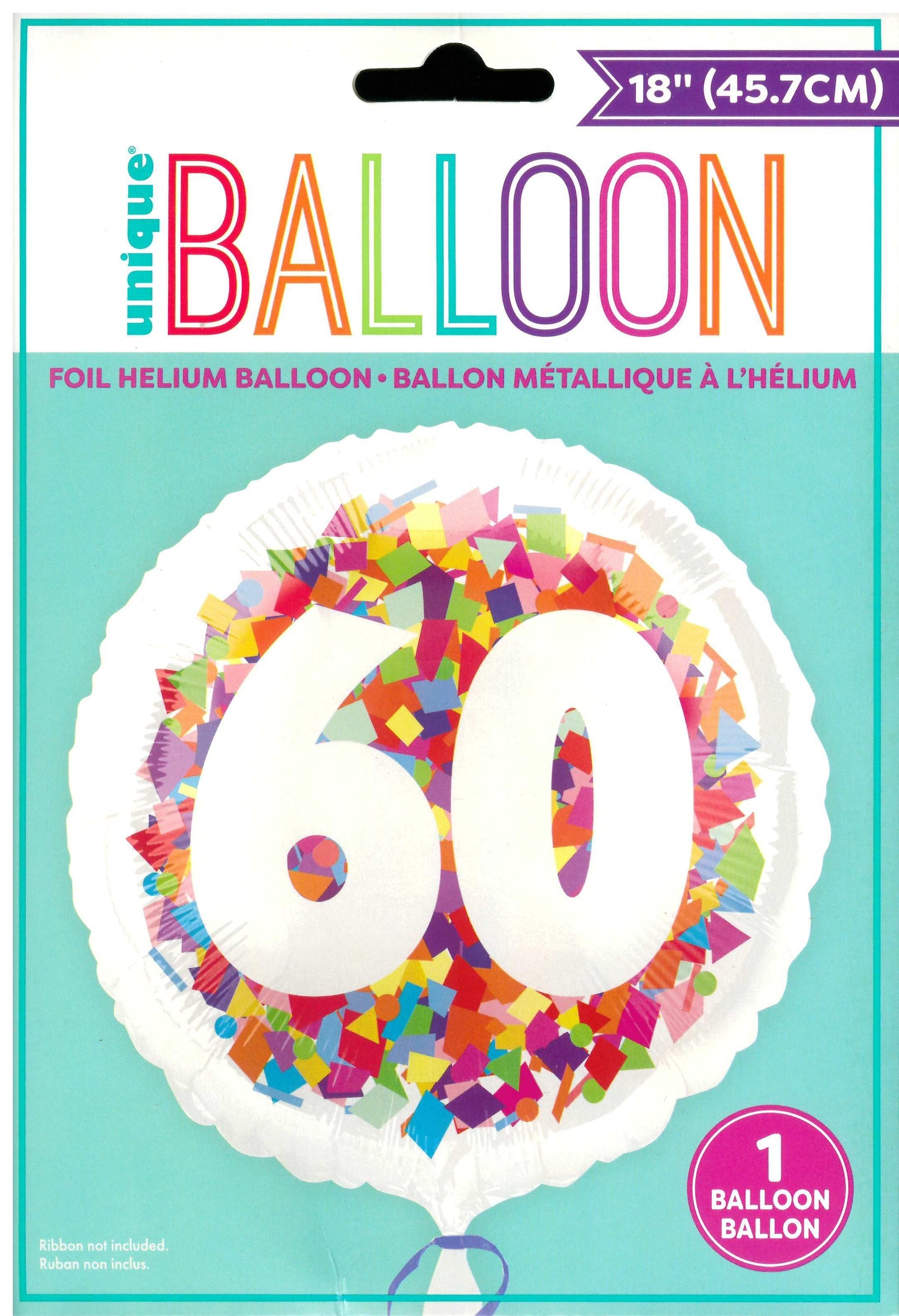 UNIQUE BRIGHT CONFETTI NUMBER 60 ROUND FOIL BALLOON 18". UNI85865 \\\KD32752