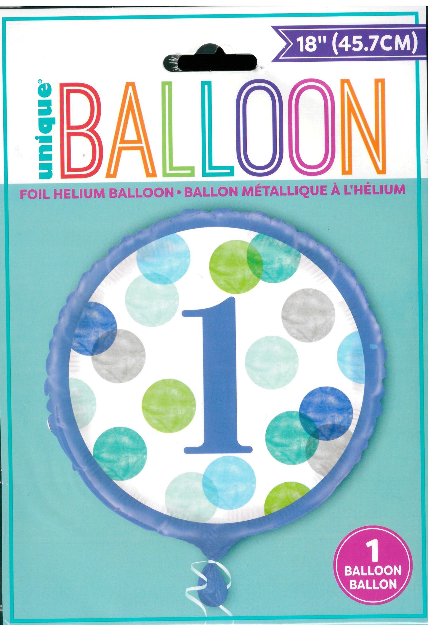 UNIQUE BLUE DOTS NUMBER 1 ROUND FOIL BALLOON 18". UNI73317 \\\KD32760