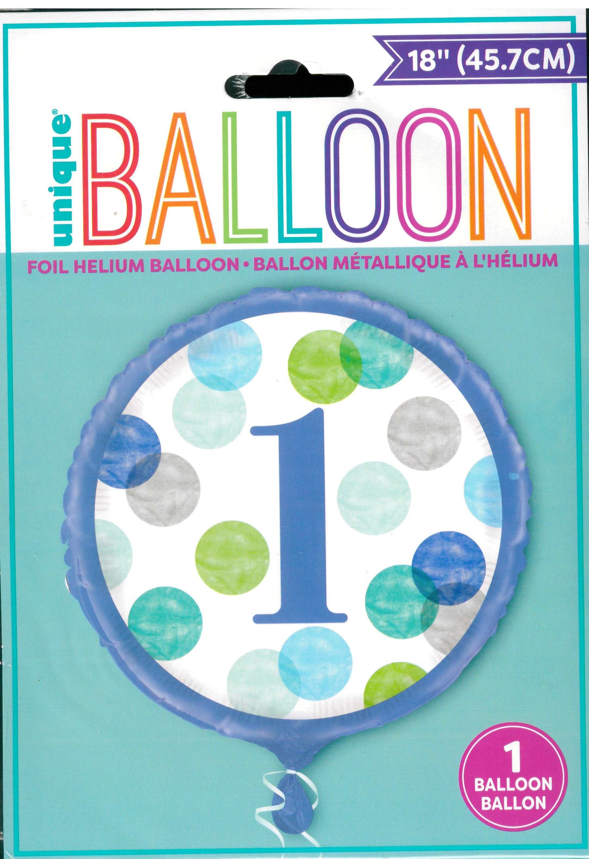 UNIQUE BLUE DOTS NUMBER 1 ROUND FOIL BALLOON 18". UNI73317 \\\KD32760