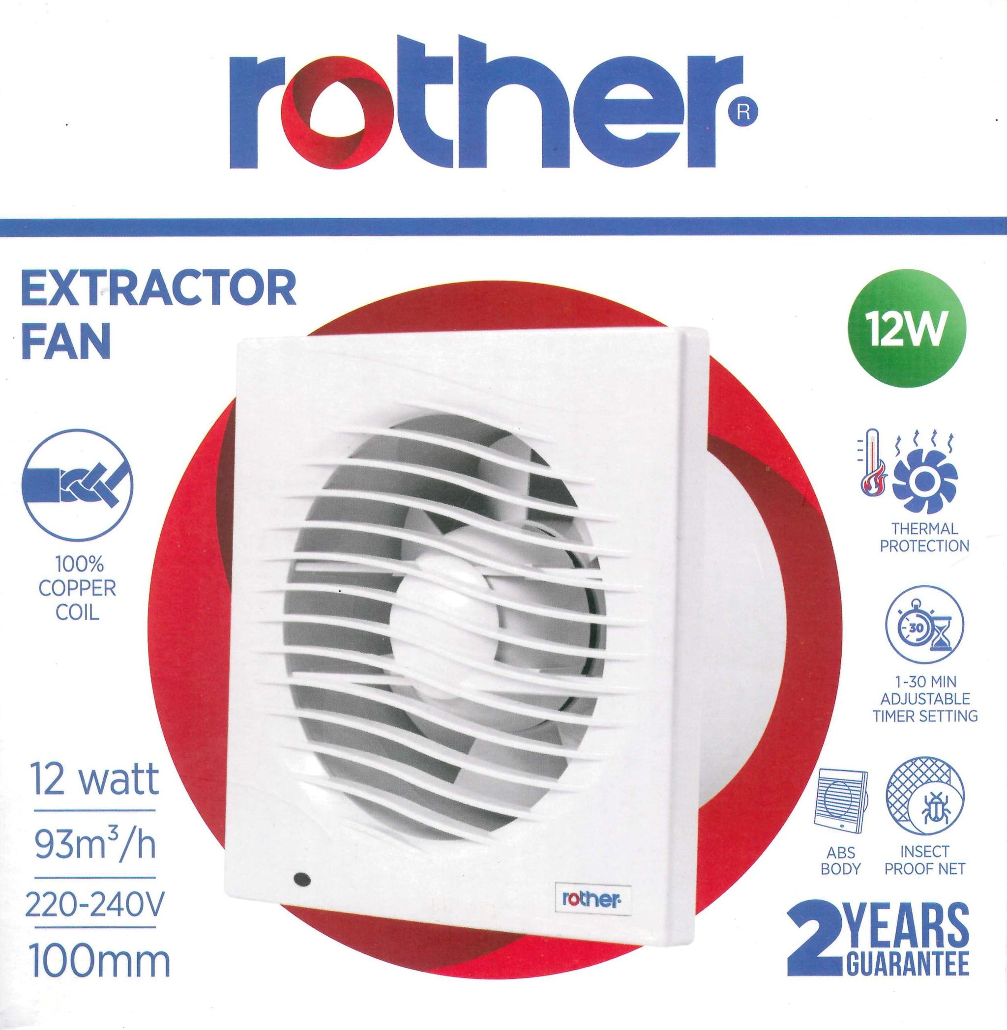 ROTHER WHITE 12W BATHROOM EXTRACTOR / EXHAUST FAN WITH TIMER 100MM / 93M3H. RLE40801T \\\KD32873