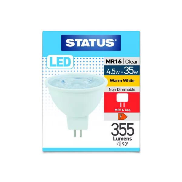 STATUS MR16 4.5W / 35W CLEAR WARM WHITE 2 PIN LED LIGHT BULB. 4.5SLMR1638W1B10 \\\KD32902