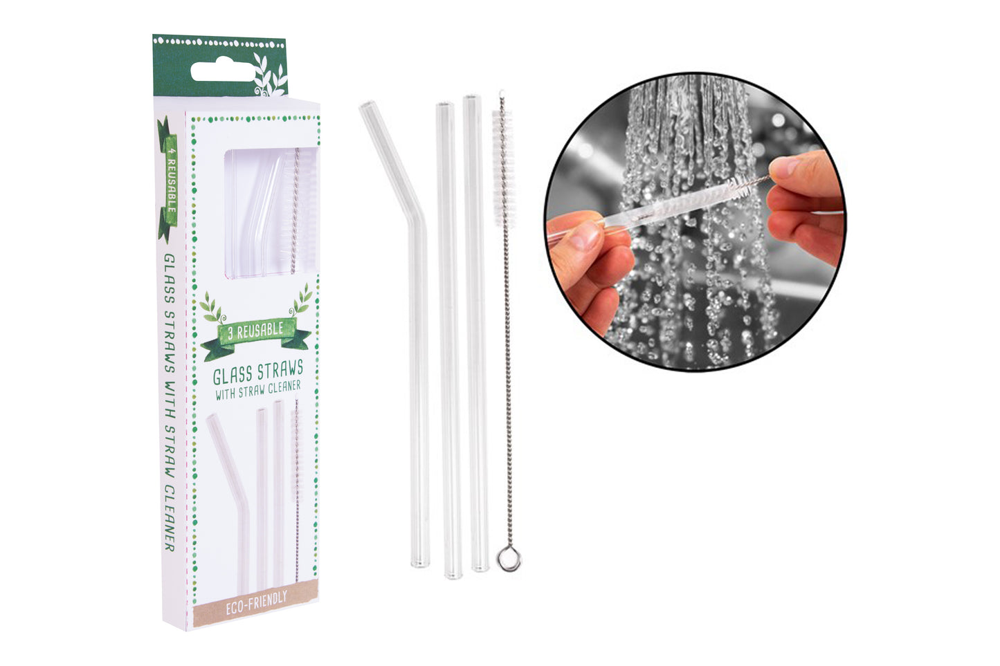 ECO FRIENDLY REUSABLE GLASS STRAWS & STRAW CLEANER 3 PACK. AM4325 \\\KD33199
