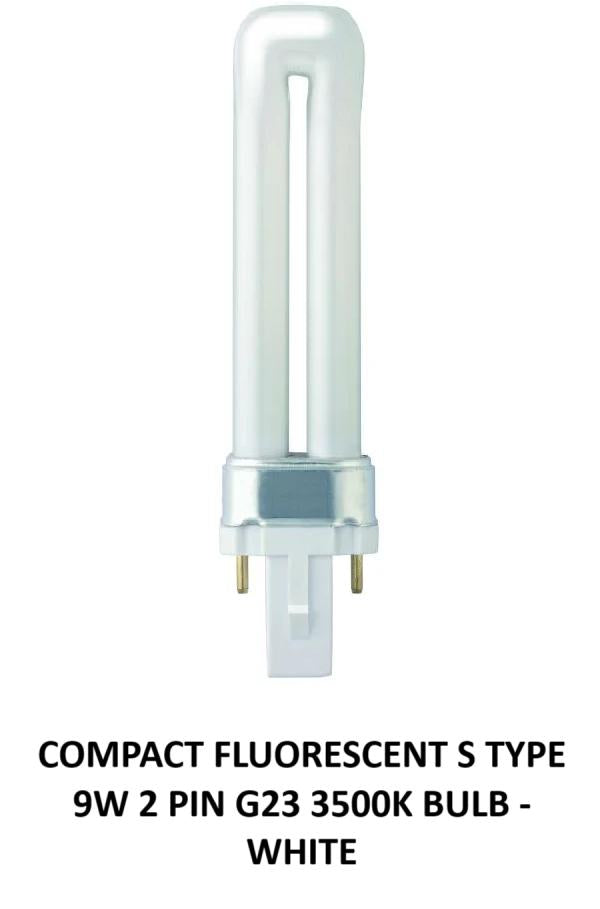 COMPACT FLUORESCENT S TYPE 9W 2 PIN G23 3500K BULB - WHITE. 04211 \\\KD33220
