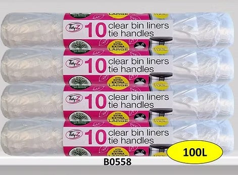 TIDYZ EXTRA LARGE CLEAR BIN LINERS WITH TIE HANDLES 10 PACK FOR 100L. B0558 \\\KD33273