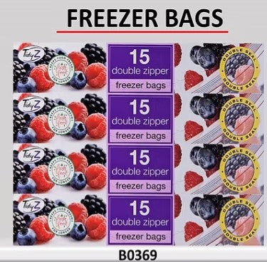 TIDYZ 15 P/K DOUBLE ZIPPER FREEZER BAGS 25CM. B0369 \\\KD33276