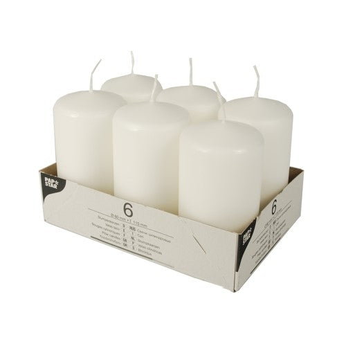 PACK OF 6 WHITE PILLAR CANDLES 60 X 115MM. PS17994 \\\KD33307