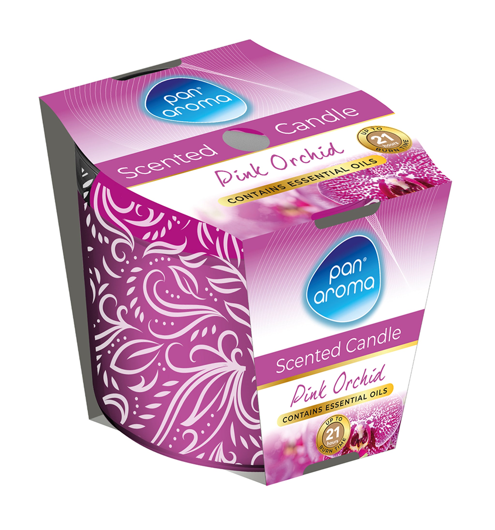 PAN AROMA SCENTED PRINTED GLASS CANDLE - PINK ORCHID. PAN0680 \\\KD33521