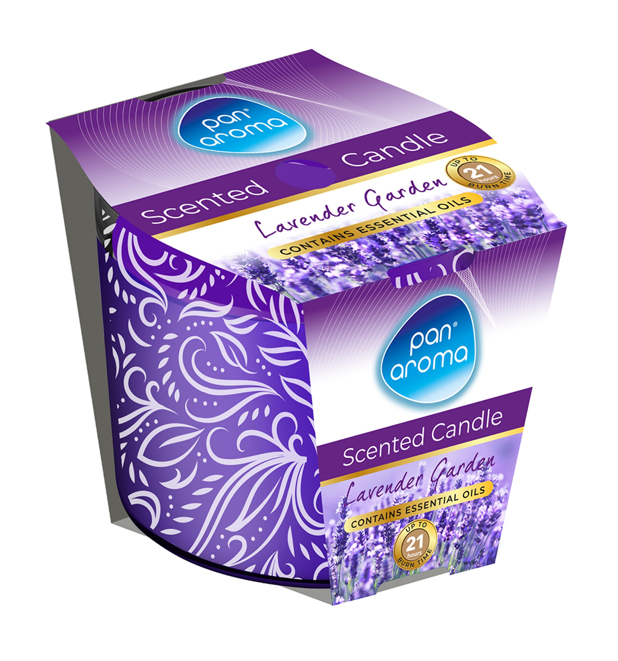 PAN AROMA SCENTED PRINTED GLASS CANDLE - LAVENDER GARDEN. PAN0299 \\\KD33523