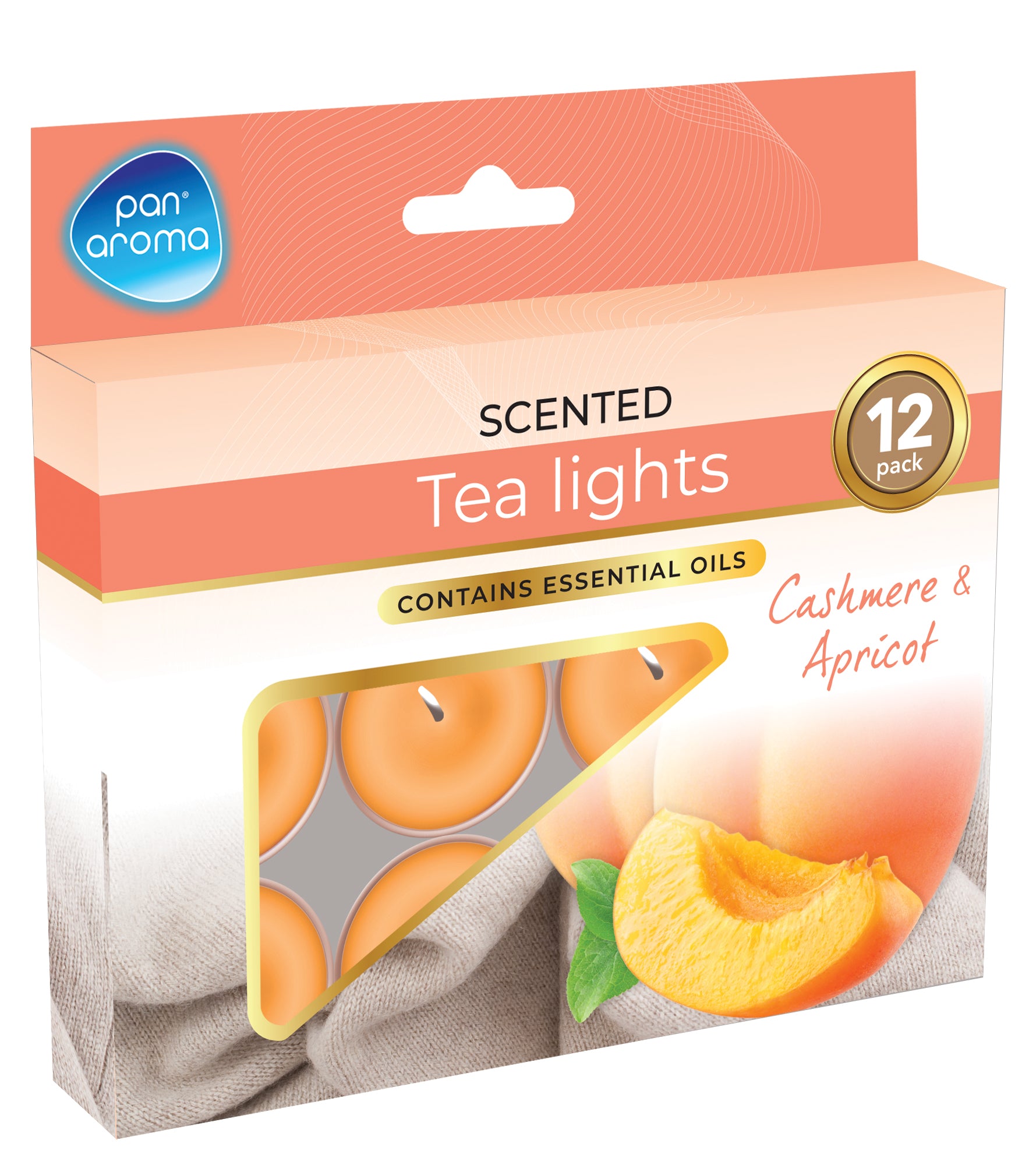 PAN AROMA SCENTED TEA LIGHTS CANDLE 12/PK - CASHMERE & APRICOT. PAN0689 \\\KD33526