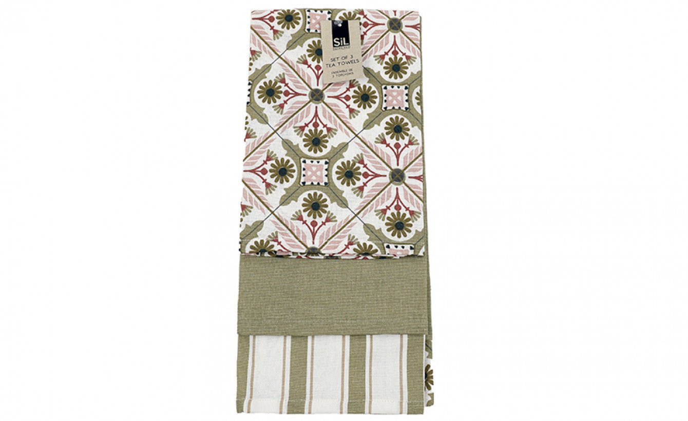 GREEN & PINK DESIGN ZEST TEA TOWEL 3/PK \\\KD33687
