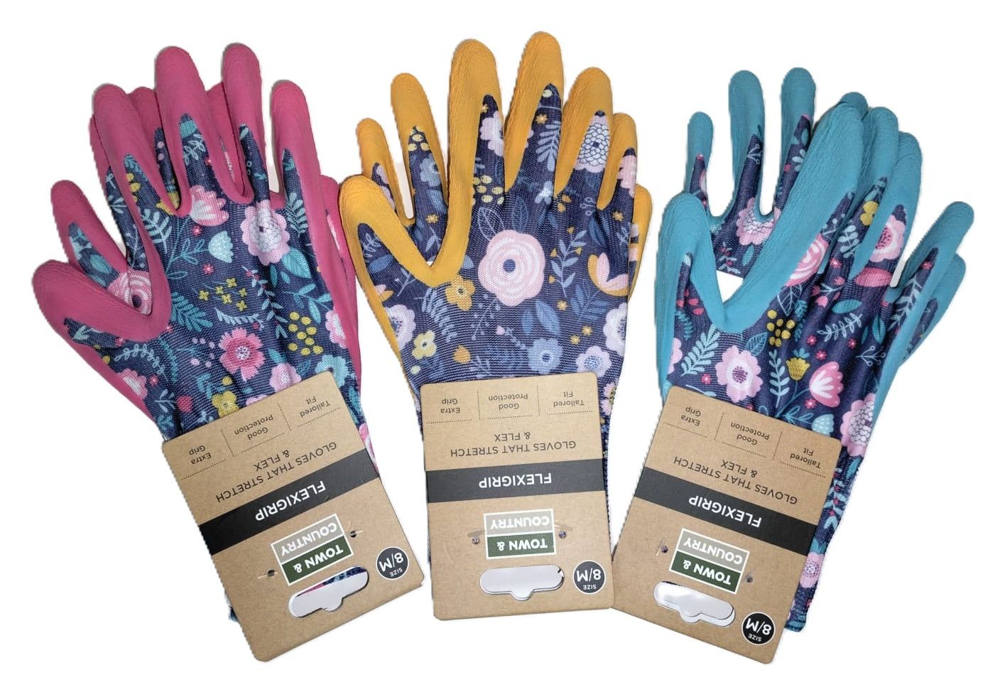 TOWN & COUNTRY FLEXIGRIP LADIES LATEX FLORAL GLOVES 3 PAIRS -MEDIUM(8) \\\KD33694