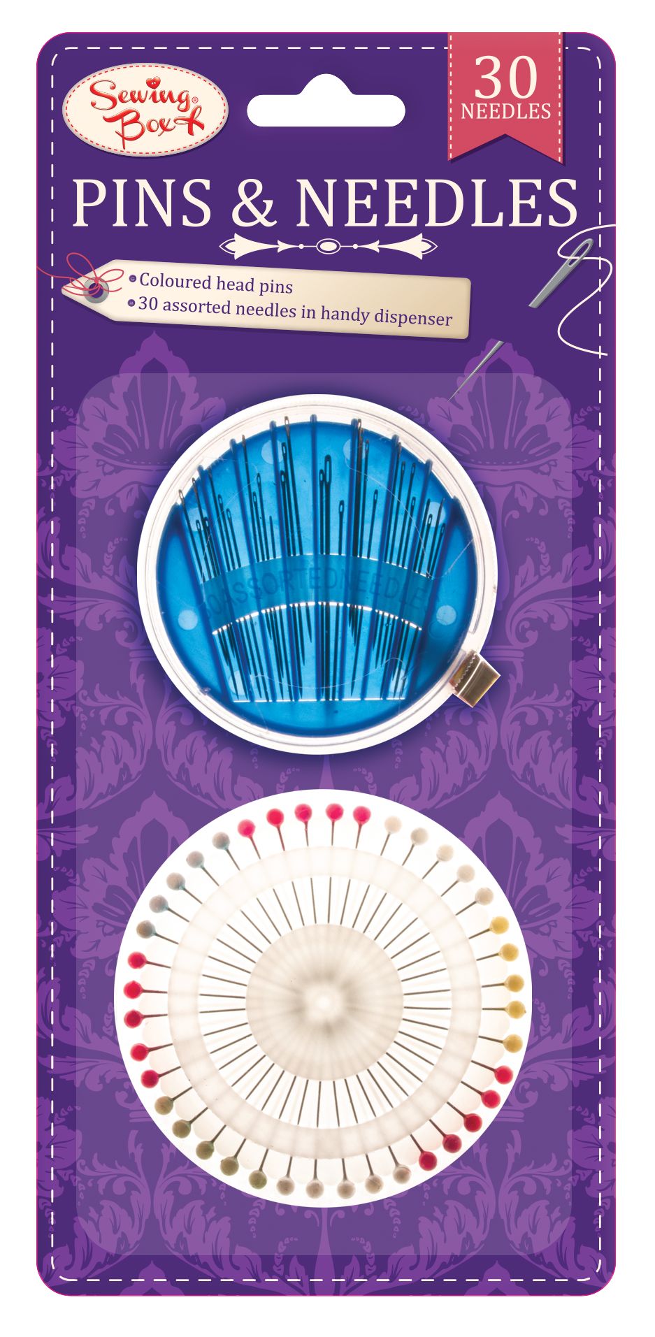 SEWING BOX ASSORTED COLOURED PINS & NEEDLES SET 30/PK. KC69-36 \\\KD33695
