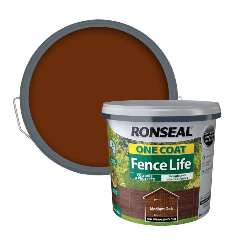 RONSEAL ONE COAT SHED & FENCE PROTECTOR WOOD PAINT MEDIUM OAK 5LTR \\\KD33726